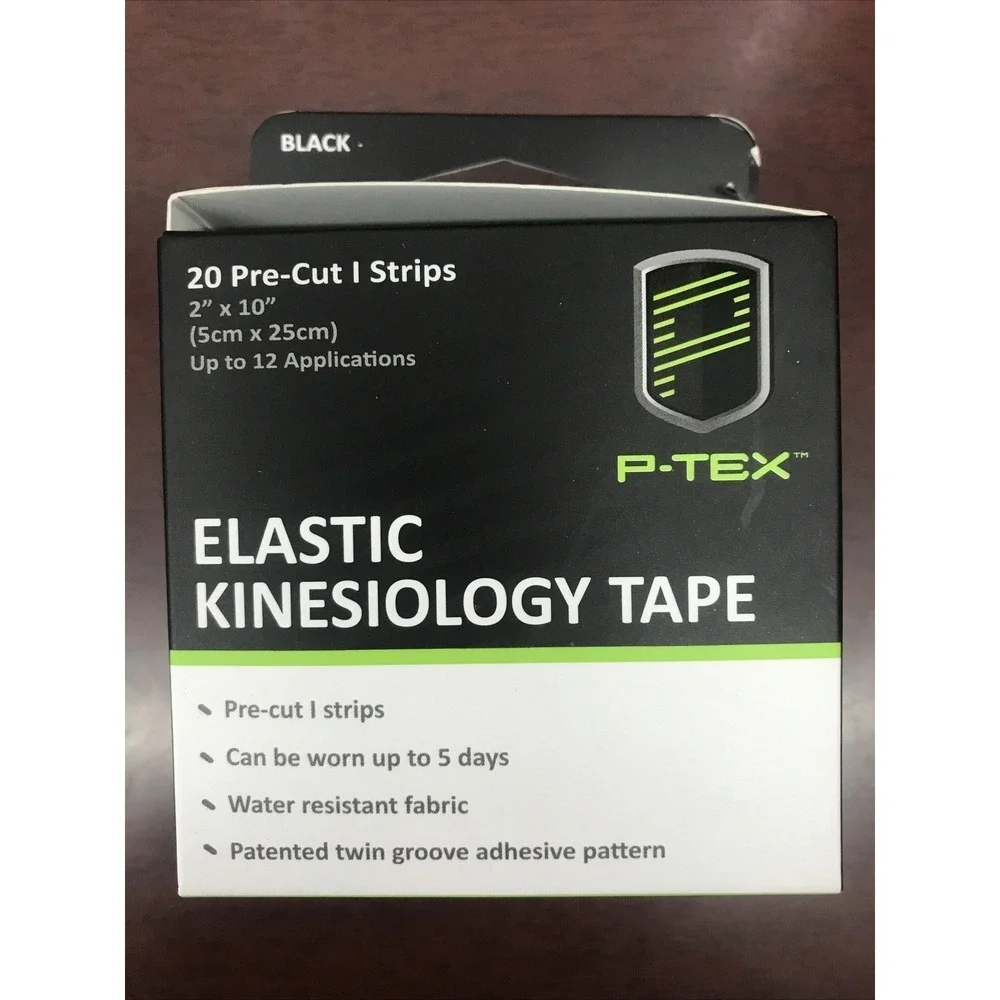 PerformTex Elastic Kinesiology Tape Black 20 Pre-Cut Strips 2x10 Latex Free